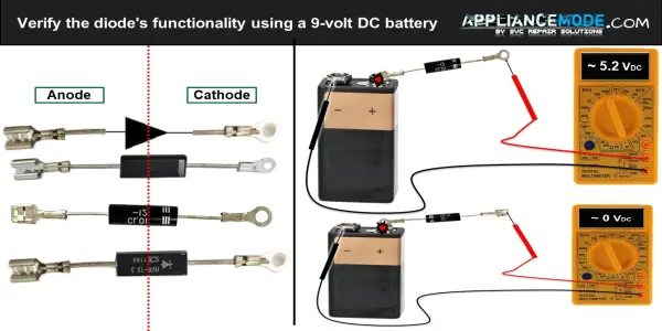 Verify the diode's functionality using a 9-volt DC battery